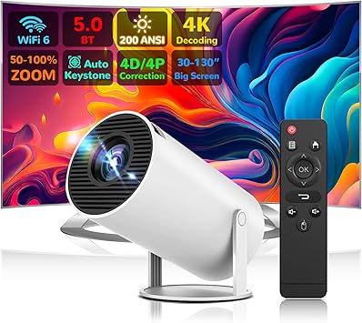 Mini Portable Projector 1080P 4K HY300 Projector Auto Keystone Correction 200 ANSI Smart Projector with WiFi 6 BT 5.0 Screen Adjustment,270 Degree Flip,Built-in Android OS 11.0 Home Theater Projector